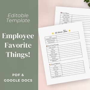 Kennenlernen Printable | Mitarbeiter-Favoriten-Liste | Bearbeitbare Fragen für Mitarbeiter | Alles über mich-Umfrage | Mitarbeiter Lieblings Dinge Liste