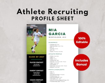 Editable Athlete Resume Profile Sheet Template for College Recruiting | Athletic Sports Resume for Basketball, Soccer, Volleyball | Canva