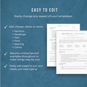 Może przedstawiać: Grafika w kolorze niebieskim i białym z tekstem "EASY TO EDIT" i "Easily change any aspect of your templates!" Grafika zawiera r&oacute;wnież listę kontrolną z tekstem "Dodaj, zmień, usuń lub przenieś:" po kt&oacute;rej następuje lista wypunktowana: "Sekcje", "Nagł&oacute;wki", "Tekst", "Czcionka", "Odstęp", "Kolory". Grafika zawiera r&oacute;wnież tekst "Wskaz&oacute;wki dotyczące pisania CV i przykłady w całym tekście, aby ułatwić Ci pracę!" i "Łatwo dodaj strony, aby dopasować je do swoich potrzeb, po prostu kontynuuj pisanie!"
