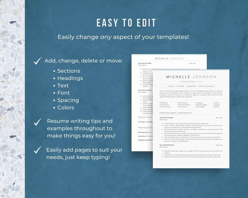 Może przedstawiać: Grafika w kolorze niebieskim i białym z tekstem "EASY TO EDIT" i "Easily change any aspect of your templates!" Grafika zawiera r&oacute;wnież listę kontrolną z tekstem "Dodaj, zmień, usuń lub przenieś:" po kt&oacute;rej następuje lista wypunktowana: "Sekcje", "Nagł&oacute;wki", "Tekst", "Czcionka", "Odstęp", "Kolory". Grafika zawiera r&oacute;wnież tekst "Wskaz&oacute;wki dotyczące pisania CV i przykłady w całym tekście, aby ułatwić Ci pracę!" i "Łatwo dodaj strony, aby dopasować je do swoich potrzeb, po prostu kontynuuj pisanie!"