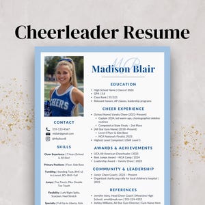May include: A light blue and white cheerleader resume with the text "Cheerleader Resume" at the top. The resume includes a photo of a smiling cheerleader, contact information, skills, experience, and awards.