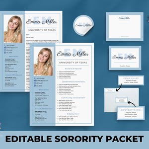 Sorority Packet | Editable Blue Sorority Resume Template with Photo | Monogram College Social Resume | Rush Resume for Recruitment