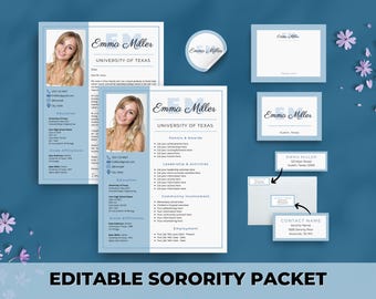 Sorority Packet | Editable Blue Sorority Resume Template with Photo | Monogram College Social Resume | Rush Resume for Recruitment