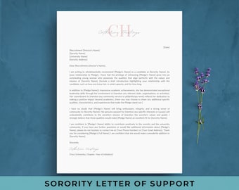 Sorority Recommendation Letter Template | Sorority Recruitment Letter of Support Example for Rush | LOR / LOS | Character Reference