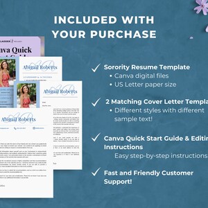 May include: A digital download for a sorority resume template. The template includes Canva digital files, US Letter paper size, two matching cover letter templates, and a Canva Quick Start Guide & Editing Instructions. The download also includes fast and friendly customer support.