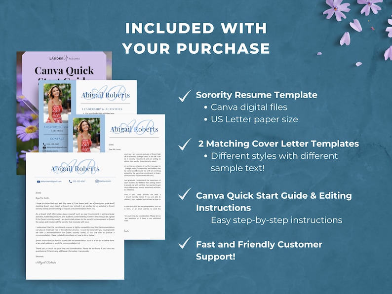 May include: A digital download for a sorority resume template. The template includes Canva digital files, US Letter paper size, two matching cover letter templates, and a Canva Quick Start Guide & Editing Instructions. The download also includes fast and friendly customer support.