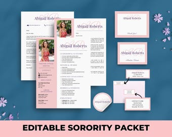 Pink Sorority Packet | Editable Sorority Resume Template with Photo | Rush Resume Template & Sample Cover Letters | College Social Resume
