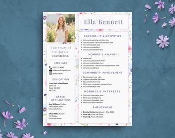 Sorority Lebenslauf Vorlage | Blumenrausch Lebenslauf Vorlage mit Foto | Sozialer Lebenslauf für College-Student | Sorority Rush Paket | Rosa & Lila