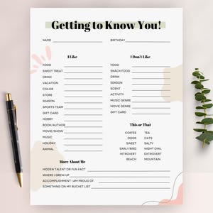 Mitarbeiter-Favoriten-Liste | Kennenlernen Printable | Mitarbeiter Fragen | Alles über mich-Umfrage | Mitarbeiter Lieblings Dinge | Geschenkideen