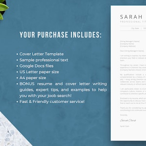May include: A blue and white graphic with the text "YOUR PURCHASE INCLUDES:" and a list of items included in the purchase: Cover Letter Template, Sample professional text, Google Docs files, US Letter paper size, A4 paper size, BONUS resume and cover letter writing guides, expert tips, and examples to help you with your job search!, Fast & Friendly customer service!