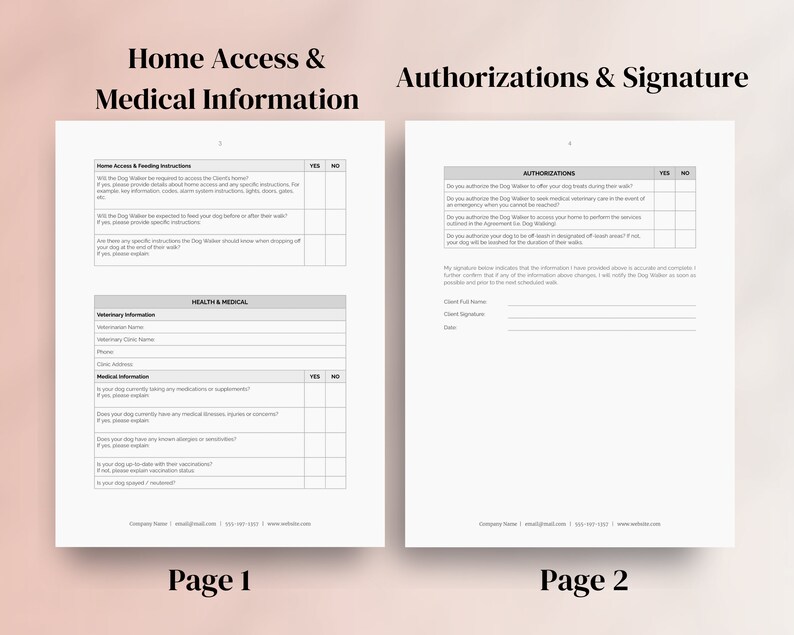 May include: Two-page document with the headings "Home Access & Medical Information" and "Authorizations & Signature." Page 1 includes sections for home access instructions and health information. Page 2 has authorization questions and a signature section.