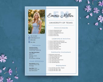 Sorority Resume Template, Blue Rush Resume Template with Photo and Cover Letter, Sorority Recruitment Packet, College Student Social Resume