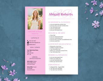 Pink Sorority Resume Template with Photo | Monogram Rush Resume Template & Cover Letters | College Student Social Resume | Sorority Packet
