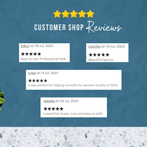 May include: Five-star customer reviews for a digital product. The reviews highlight the product's ease of use, professional look, beautiful layout, and high quality. The reviews are dated July 2023.