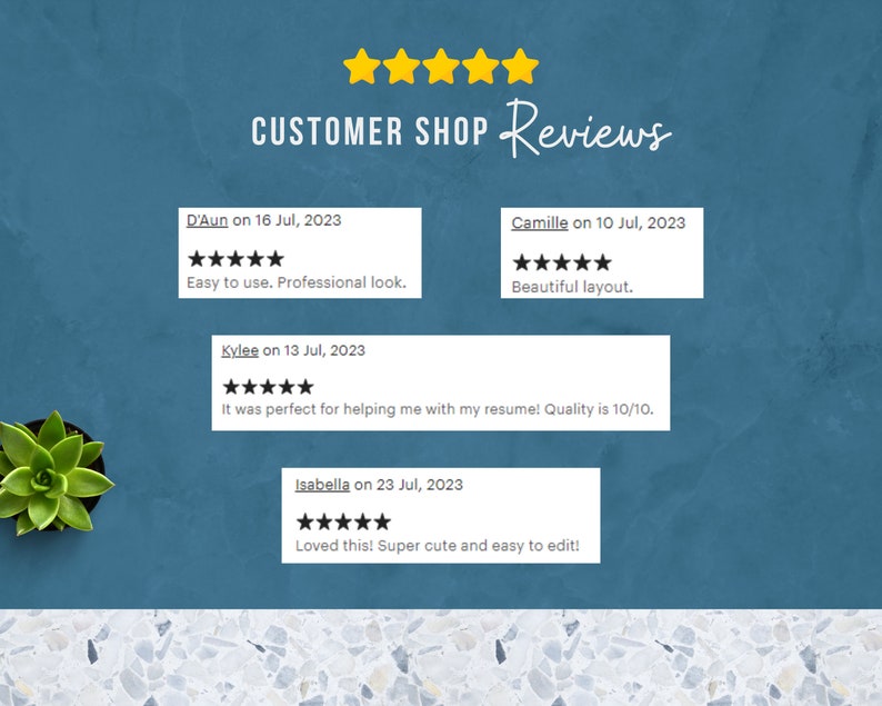 May include: Five-star customer reviews for a digital product. The reviews highlight the product's ease of use, professional look, beautiful layout, and high quality. The reviews are dated July 2023.