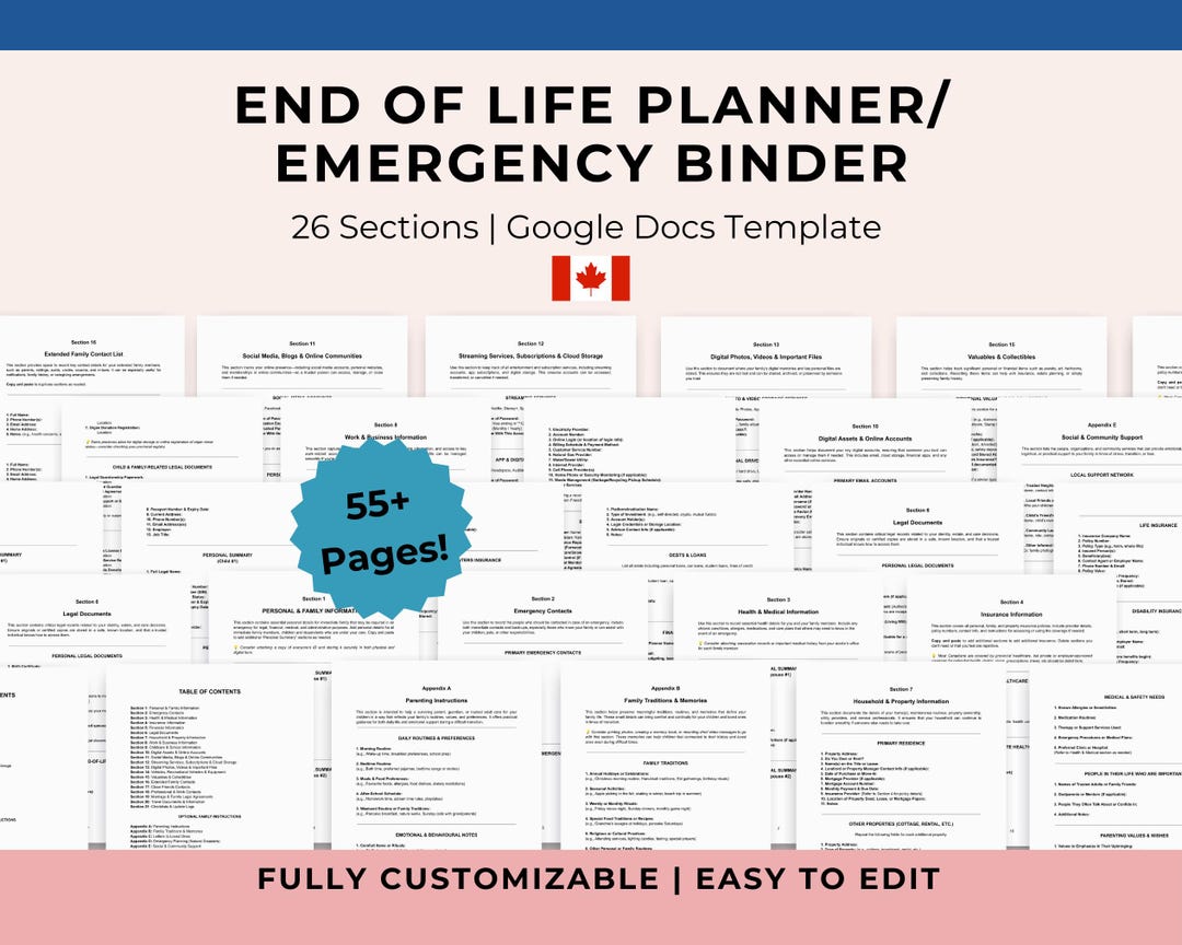 End of Life Planner Template for Canadians 100 Editable Emergency