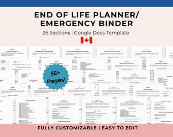 Plantilla de planificación para el final de la vida para canadienses: Carpeta de emergencia 100% editable / Carpeta de planificación para el fallecimiento / Carpeta de planificación para el caso de fallecer / Planificador familiar / Google Docs