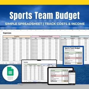 Könnte beinhalten: Eine digitale Tabelle mit dem Titel "Sports Team Budget", die auf einem Laptop, Tablet und Smartphone angezeigt wird. Die Tabelle ist in Abschnitte für Ausgaben und Einnahmen unterteilt, mit dem Text "Simple Spreadsheet | Track Costs & Income" darüber. Ein Google Sheets-Symbol befindet sich unten links.
