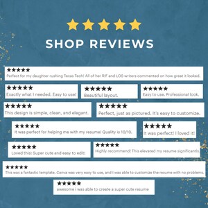 May include: A screenshot of a website with customer reviews for a resume template. The reviews are all positive and highlight the ease of use and customization of the template. The text includes phrases like "easy to use", "super cute", and "fantastic template".