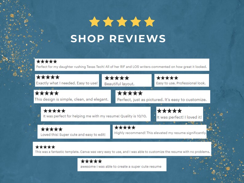 May include: A screenshot of a website with customer reviews for a resume template. The reviews are all positive and highlight the ease of use and customization of the template. The text includes phrases like "easy to use", "super cute", and "fantastic template".