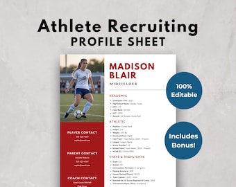 Athlete Resume Profile Sheet Template for College Recruiting | Athletic Sports Resume for Softball, Soccer, Volleyball  | Editable in Canva