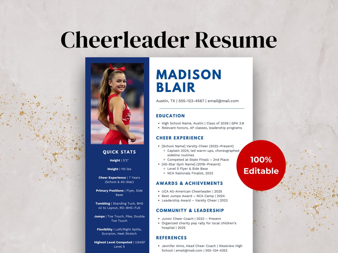 Cheerleader Resume Template | Editable Cheer Tryouts and College ...