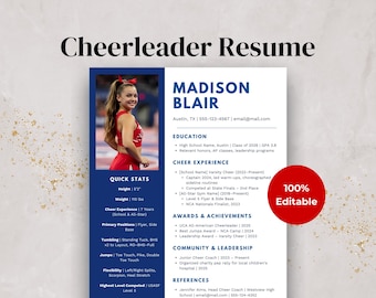 Cheerleader Resume Template | Editable Cheer Tryouts and College Recruiting Profile Sheet | Dance Resume | Student Athlete Resume