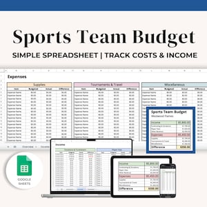 Peut inclure: Un tableur numérique intitulé "Sports Team Budget" avec le texte "Simple Spreadsheet | Track Costs & Income." L'image montre le tableur sur un ordinateur portable, une tablette et un téléphone, avec une icône Google Sheets.