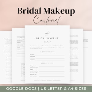 Op de afbeelding: Een afdrukbare bruidsmake-upcontracttemplate in Google Docs-formaat. Het contract bevat secties voor klantgegevens, trouwdetails en algemene voorwaarden. Het document is beschikbaar in de formaten US Letter en A4.