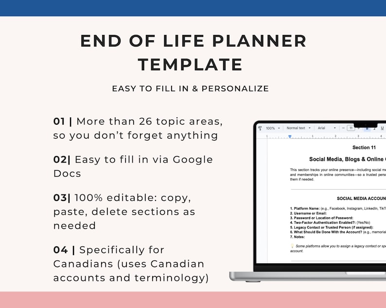 End of Life Planner Template for Canadians 100 Editable Emergency