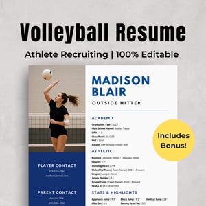 Volleyball Resume Template for College Recruiting | Student Athlete Resume | Sports Resume | Athletic Profile Sheet | Editable in Canva