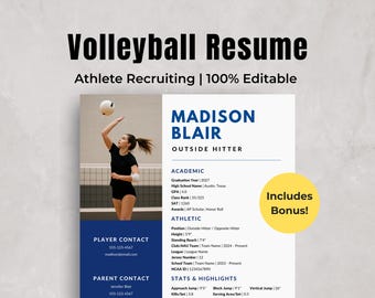 Volleyball Resume Template for College Recruiting | Student Athlete Resume | Sports Resume | Athletic Profile Sheet | Editable in Canva