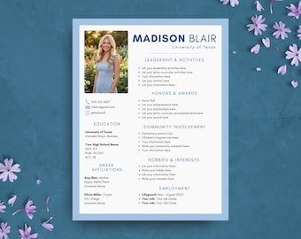 Blue Sorority Resume Template with Photo | Editable Rush Resume Template | College Student Social Resume + Cover Letter | Sorority Packet