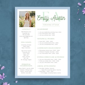 Blue Green Sorority Resume Template | Editable Rush Resume Template | Sorority Recruitment College Social Resume + Cover Letter |  Canva