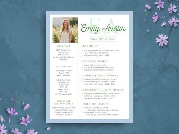 Blue Green Sorority Resume Template | Editable Rush Resume Template | Sorority Recruitment College Social Resume + Cover Letter |  Canva