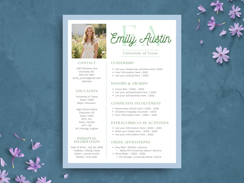 Blue Green Sorority Resume Template | Editable Rush Resume Template | Sorority Recruitment College Social Resume + Cover Letter | Canva image 1
