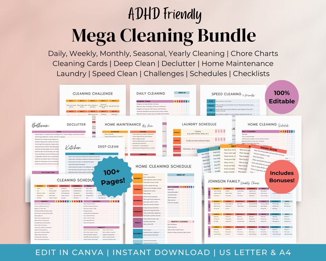 ADHD Cleaning Checklist Bundle | Editable Household Cleaning Schedule ...