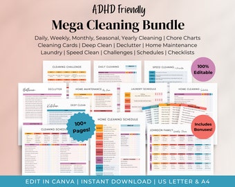 May include: A collection of printable cleaning schedules and checklists in a pink, orange, and blue color scheme. The text "ADHD Friendly Mega Cleaning Bundle" is at the top of the image. The text "100+ Pages!" is in a blue circle in the center of the image. The text "Includes Bonuses!" is in a pink rectangle in the bottom right corner of the image. The text "Edit in Canva | Instant Download | US Letter & A4" is at the bottom of the image.