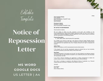 Repossession Letter Template | Editable Repossession Notice Form | Vehicle, Auto, Car Dealer Repo Letter | MS Word & Google Docs