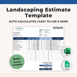 Könnte beinhalten: Eine Landschaftsbau-Kostenvorlage mit dem Text "Landscaping Estimate Template" und "AUTO CALCULATES | EASY TO USE & SEND". Enthält einen Rechnungs-Vorlagen-Bonus sowie Excel- und Google Sheets-Symbole.