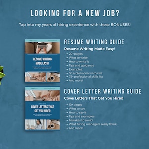 May include: Two blue and white e-books with the titles "Resume Writing Made Easy!" and "Cover Letters That Get You Hired!"  The covers feature illustrations of people working on laptops.  The text "Looking for a new job?" is at the top of the image.