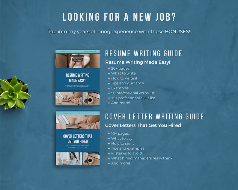 May include: Two blue and white e-books with the titles "Resume Writing Made Easy!" and "Cover Letters That Get You Hired!"  The covers feature illustrations of people working on laptops.  The text "Looking for a new job?" is at the top of the image.