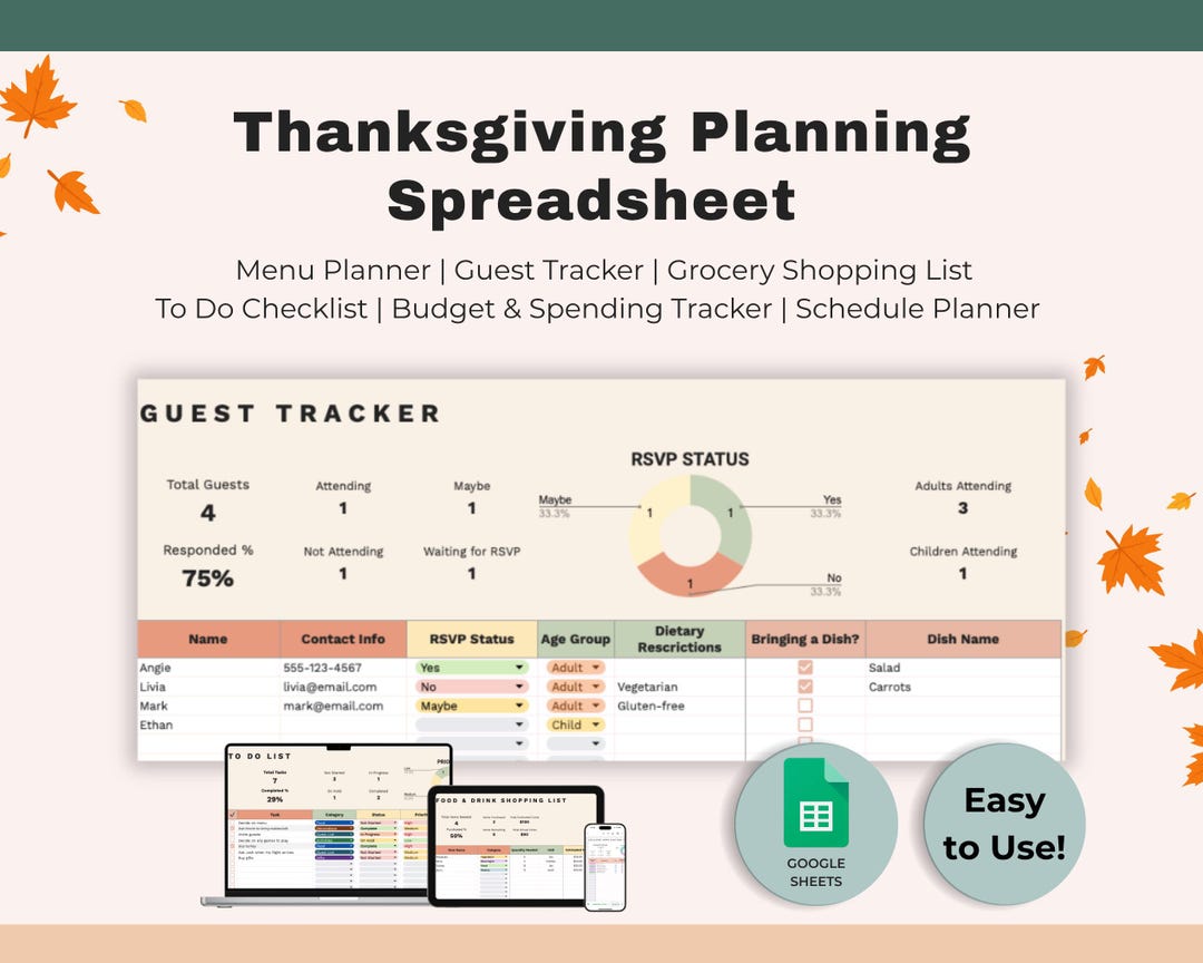 Thanksgiving Planner Spreadsheet | Menu, Guest Tracker, Budget Tracker ...