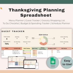 Op de afbeelding: Thanksgiving planning spreadsheet met menu, gastentracker, boodschappenlijst, takenlijst, budgettracker en planning. De afbeelding toont een spreadsheet op een laptop, tablet en telefoon, met een gastentracker en RSVP-status.