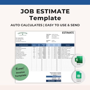 Op de afbeelding: Een sjabloon voor een taakofferte met de tekst "JOB ESTIMATE Template" en "AUTO CALCULATES | EASY TO USE & SEND". De sjabloon bevat een groene cirkel met de tekst "Bonus! Invoice Template". Excel- en Google Sheets-pictogrammen zijn ook aanwezig.