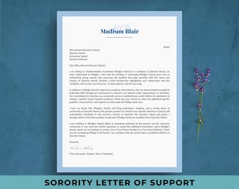 Sorority Letter of Recommendation Template | Letter of Support (Canva)