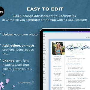 Puede incluir: Una tableta digital muestra una plantilla de curr&iacute;culum vitae con el nombre "Anna Wells" y el logotipo de la Universidad de Texas. El logotipo de Canva est&aacute; en la esquina superior izquierda. El texto destaca la capacidad de editar plantillas, subir fotos y cambiar texto.