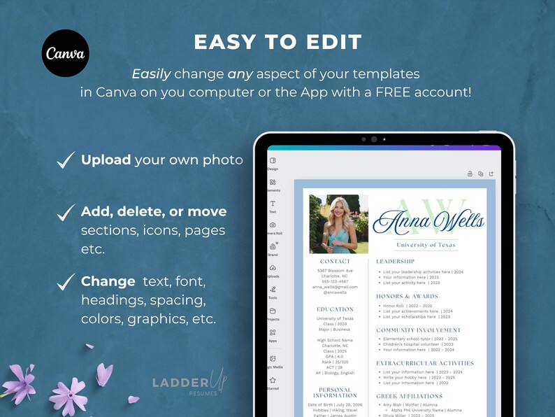 Puede incluir: Una tableta digital muestra una plantilla de curr&iacute;culum vitae con el nombre "Anna Wells" y el logotipo de la Universidad de Texas. El logotipo de Canva est&aacute; en la esquina superior izquierda. El texto destaca la capacidad de editar plantillas, subir fotos y cambiar texto.