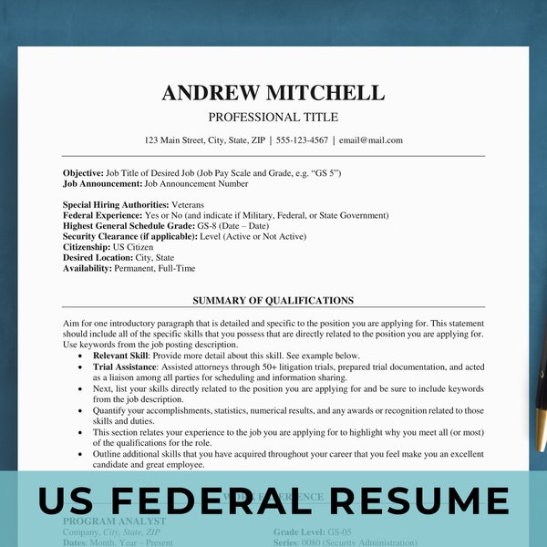 US Federal Resume Template for Word & Google Docs | USAJOBS Government Application | ATS Friendly | Professional cv and Cover Letter