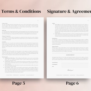 May include: A black and white document with the title "Terms & Conditions" and "Signature & Agreement". The document includes a list of terms and conditions for a service agreement, including liability, indemnification, and dispute resolution. The document also includes a signature line for the client to sign.